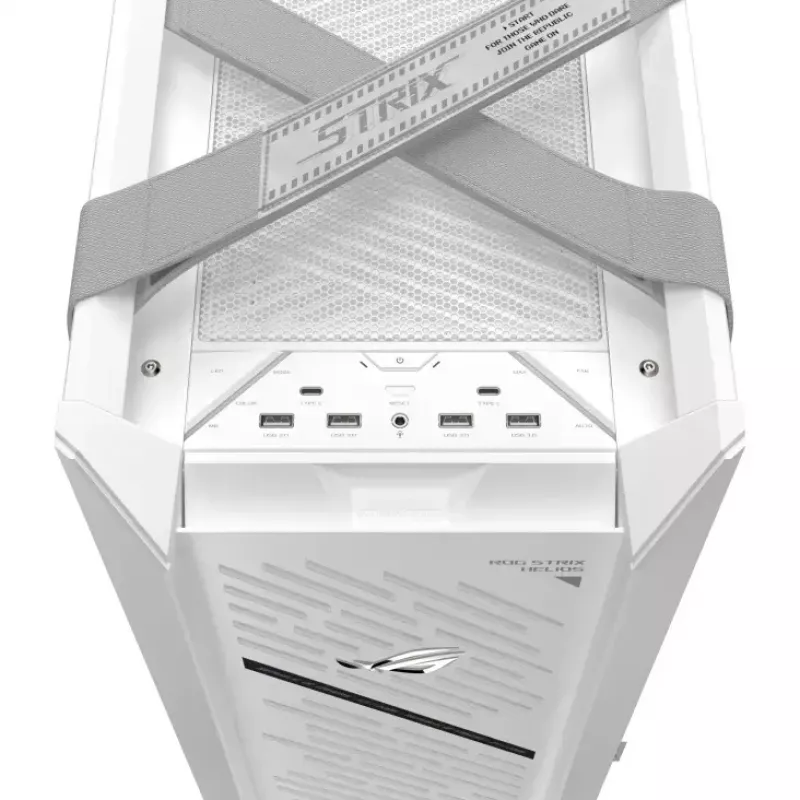 Arvuti korpus ASUS ROG Strix Helios II Midi Tower Valge — toetab EATX/ATX/Micro-ATX/Mini-ITX, 3x140mm ees + 1x140mm taga, 2×3.5 tolli + 4×2.5 tolli pesad, karastatud klaas