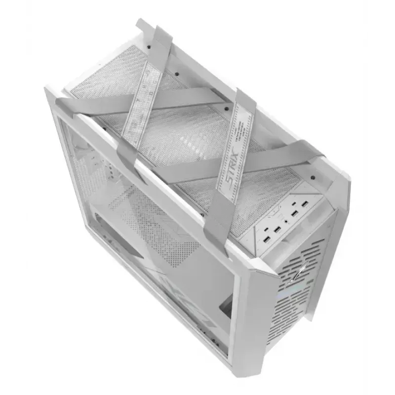 Arvuti korpus ASUS ROG Strix Helios II Midi Tower Valge — toetab EATX/ATX/Micro-ATX/Mini-ITX, 3x140mm ees + 1x140mm taga, 2×3.5 tolli + 4×2.5 tolli pesad, karastatud klaas