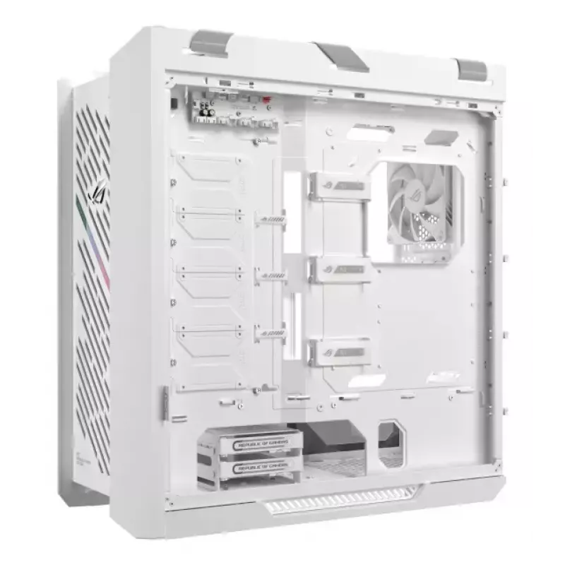 Arvuti korpus ASUS ROG Strix Helios II Midi Tower Valge — toetab EATX/ATX/Micro-ATX/Mini-ITX, 3x140mm ees + 1x140mm taga, 2×3.5 tolli + 4×2.5 tolli pesad, karastatud klaas