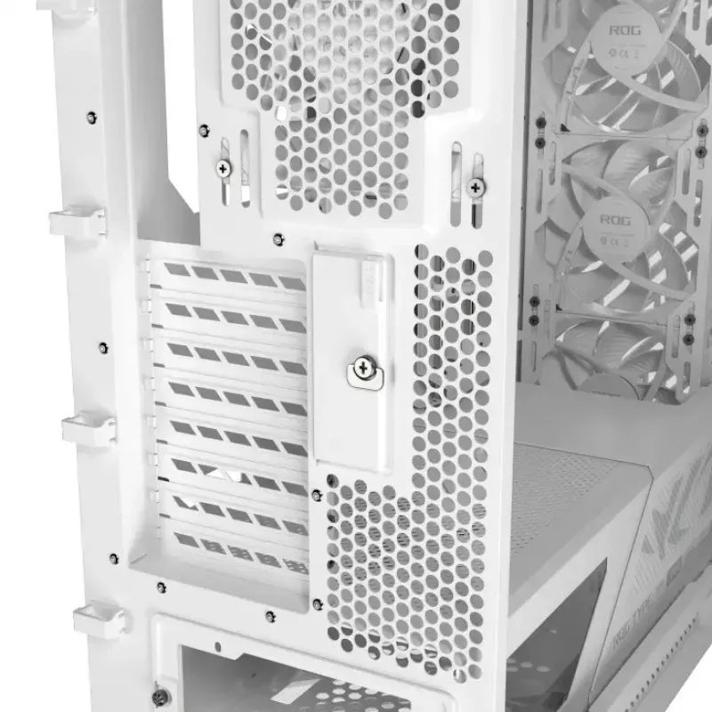 Arvuti korpus ASUS ROG Strix Helios II Midi Tower Valge — toetab EATX/ATX/Micro-ATX/Mini-ITX, 3x140mm ees + 1x140mm taga, 2×3.5 tolli + 4×2.5 tolli pesad, karastatud klaas