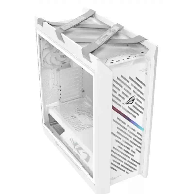 Arvuti korpus ASUS ROG Strix Helios II Midi Tower Valge — toetab EATX/ATX/Micro-ATX/Mini-ITX, 3x140mm ees + 1x140mm taga, 2×3.5 tolli + 4×2.5 tolli pesad, karastatud klaas