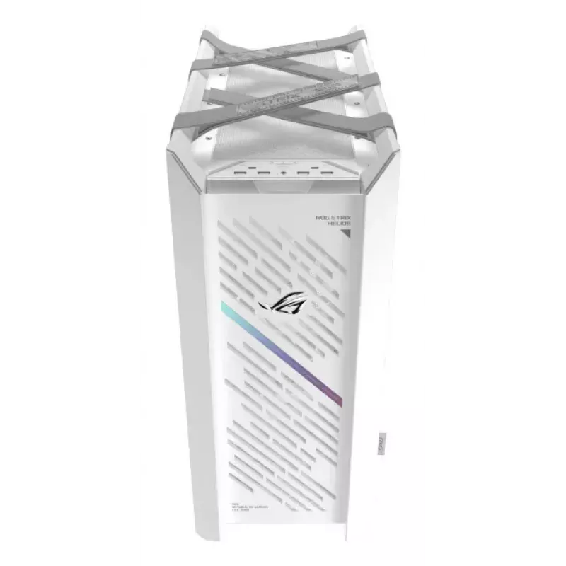 Arvuti korpus ASUS ROG Strix Helios II Midi Tower Valge — toetab EATX/ATX/Micro-ATX/Mini-ITX, 3x140mm ees + 1x140mm taga, 2×3.5 tolli + 4×2.5 tolli pesad, karastatud klaas