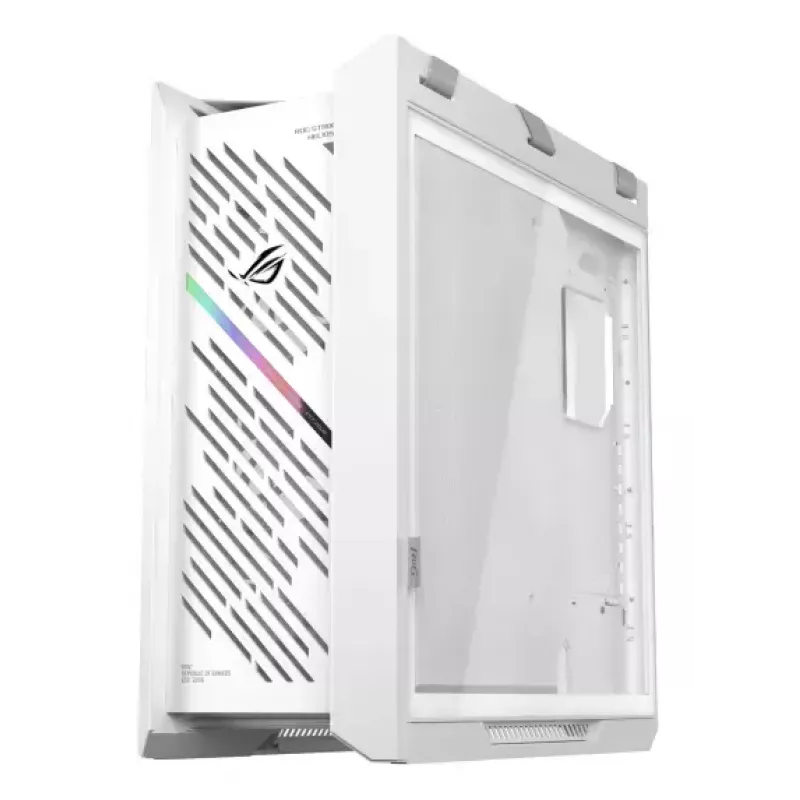 Arvuti korpus ASUS ROG Strix Helios II Midi Tower Valge — toetab EATX/ATX/Micro-ATX/Mini-ITX, 3x140mm ees + 1x140mm taga, 2×3.5 tolli + 4×2.5 tolli pesad, karastatud klaas