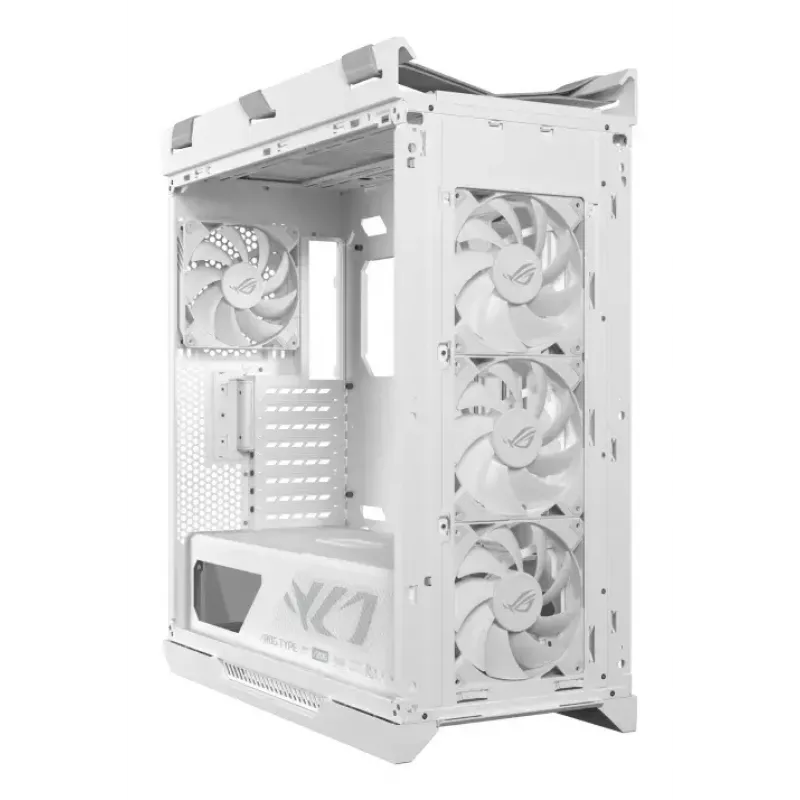 Arvuti korpus ASUS ROG Strix Helios II Midi Tower Valge — toetab EATX/ATX/Micro-ATX/Mini-ITX, 3x140mm ees + 1x140mm taga, 2×3.5 tolli + 4×2.5 tolli pesad, karastatud klaas