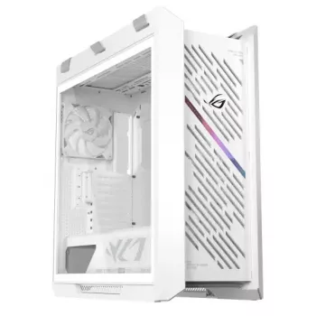 Arvuti korpus ASUS ROG Strix Helios II Midi Tower Valge — toetab EATX/ATX/Micro-ATX/Mini-ITX, 3x140mm ees + 1x140mm taga, 2×3.5 tolli + 4×2.5 tolli pesad, karastatud klaas