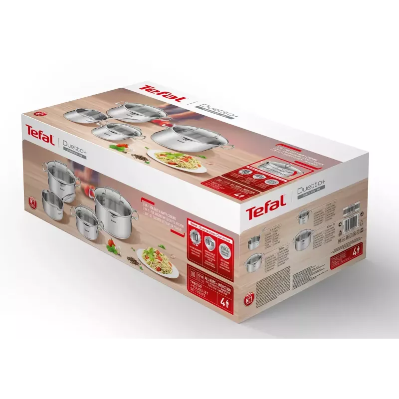 Keedukomplekt Tefal Duetto+ G719S7, roostevaba teras, 7 tk (kastrulid Ø16/20/24 cm, pajapott Ø16 cm), induktsioon, kaaned, ahjukindel kuni 250°C