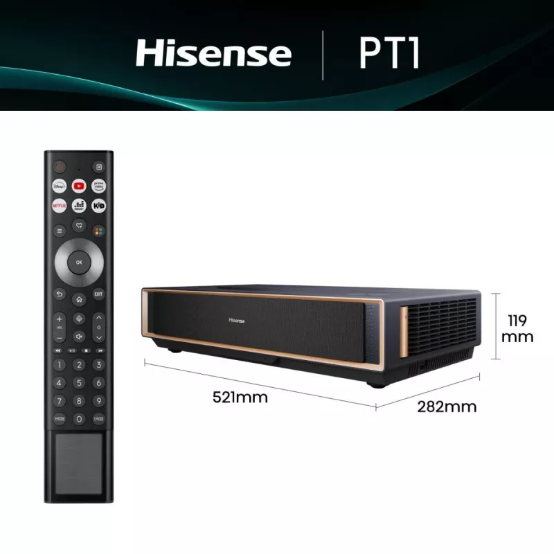 Projektor HISENSE PT1 3D nutiteler, 16:9 native, Wi‑Fi ja Ethernet, HDR (HLG), HDMI 2.0/2.1, must