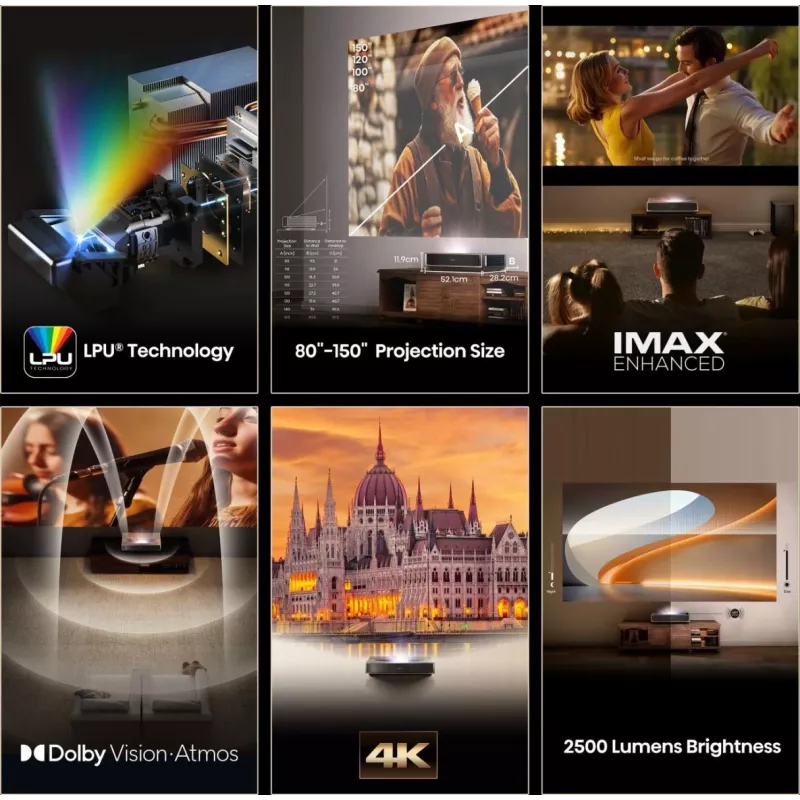 Projektor HISENSE PT1 3D nutiteler, 16:9 native, Wi‑Fi ja Ethernet, HDR (HLG), HDMI 2.0/2.1, must