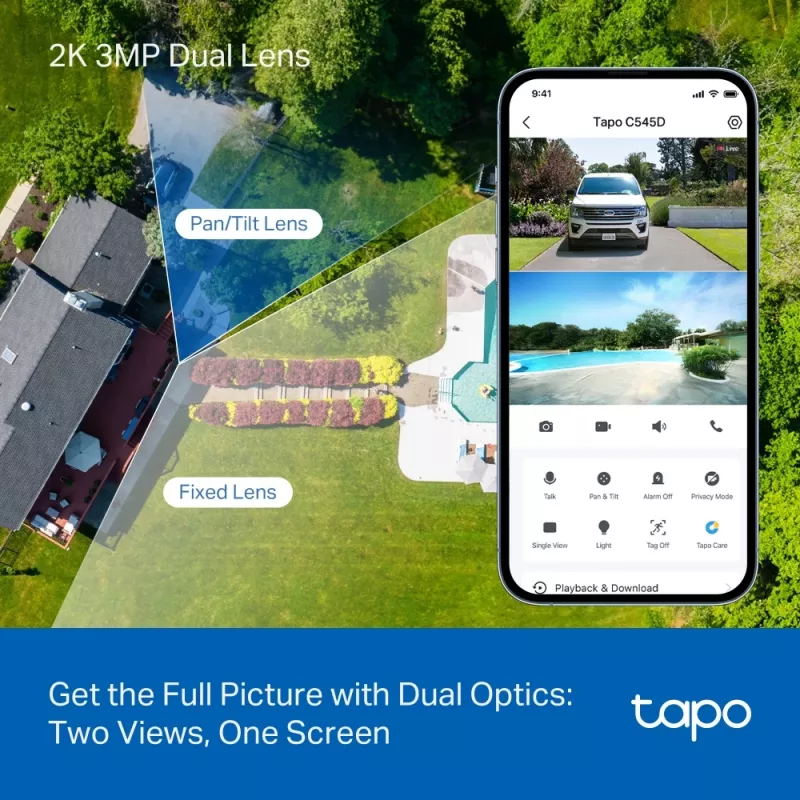 TP-Link Tapo Outdoor Dual Lens Pan/Tilt turvakaamera, IP-turvakaamera, välistingimustesse, juhtmega ja juhtmevaba, laele/seinale/postile, valge, sfääriline