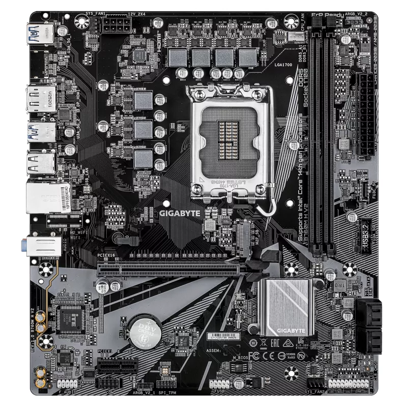 GIGABYTE B760M H V2 emaplaat - toetab Inteli Core 14. põlvkonna protsessoreid, 5+1+1 faasiga digitaalne VRM, kuni 8000 MHz DDR5 (O.C.), 1xPCIe 4.0 M.2, 1GbE LAN, USB 3.2 Gen1