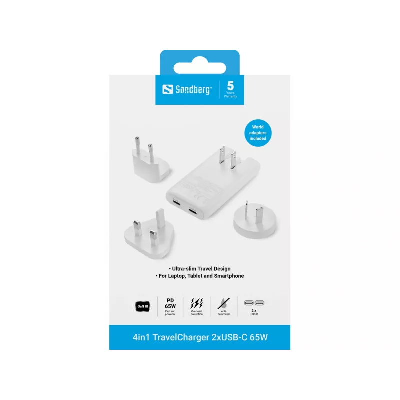 Sandberg 4in1 TravelCharger 65W valge, siseruum, vahelduvvool, 20 V, valge