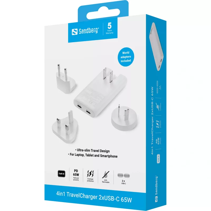 Sandberg 4in1 TravelCharger 65W valge, siseruum, vahelduvvool, 20 V, valge