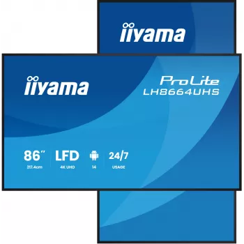 Digitaalne infotabloo lameekraan IIYAMA LH8664UHS-B3AG — 85,6 tolli (2,17 m) 3840x2160 4K IPS, 450 cd/m², Wi‑Fi, Android, 24/7, must