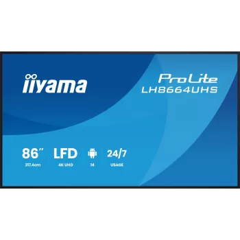 Digitaalne infotabloo lameekraan IIYAMA LH8664UHS-B3AG — 85,6 tolli (2,17 m) 3840x2160 4K IPS, 450 cd/m², Wi‑Fi, Android, 24/7, must