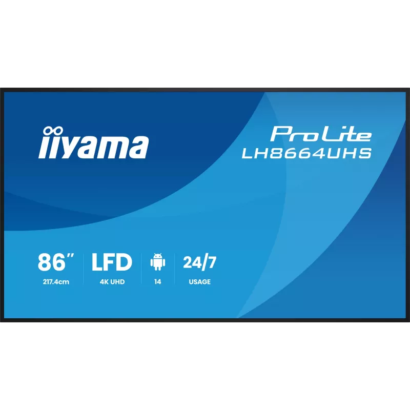 Digitaalne infotabloo lameekraan IIYAMA LH8664UHS-B3AG — 85,6 tolli (2,17 m) 3840x2160 4K IPS, 450 cd/m², Wi‑Fi, Android, 24/7, must