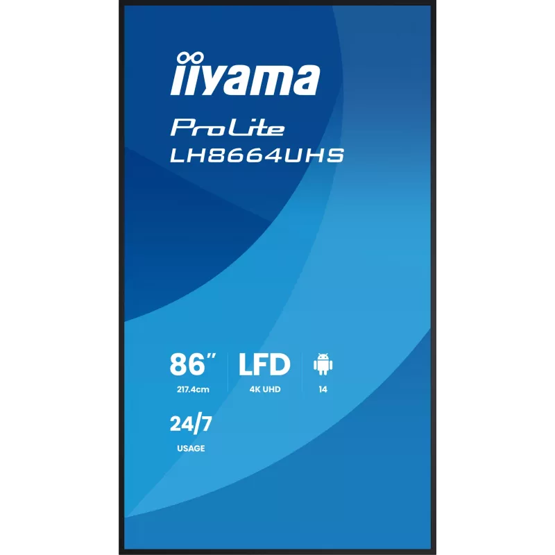 Digitaalne infotabloo lameekraan IIYAMA LH8664UHS-B3AG — 85,6 tolli (2,17 m) 3840x2160 4K IPS, 450 cd/m², Wi‑Fi, Android, 24/7, must