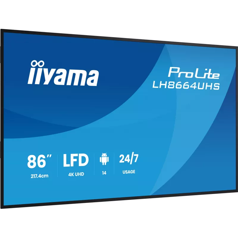 Digitaalne infotabloo lameekraan IIYAMA LH8664UHS-B3AG — 85,6 tolli (2,17 m) 3840x2160 4K IPS, 450 cd/m², Wi‑Fi, Android, 24/7, must