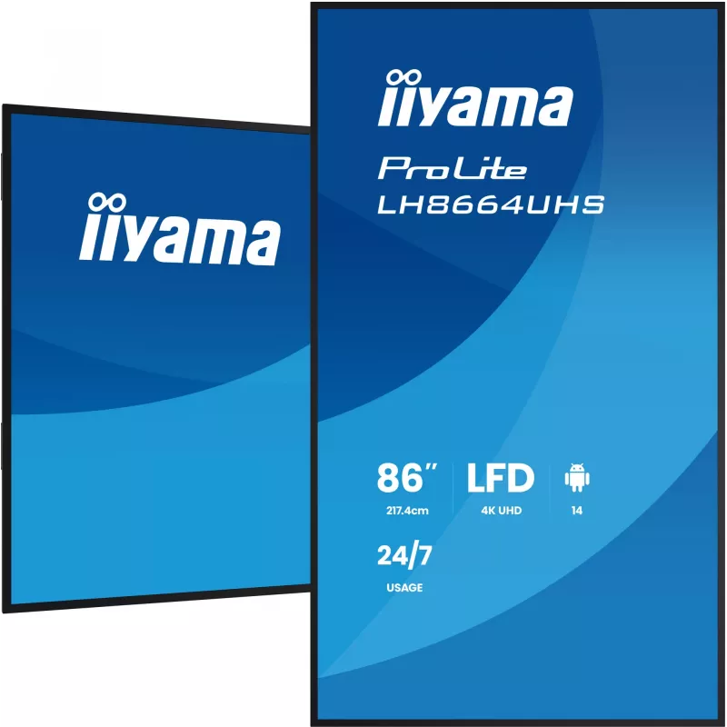 Digitaalne infotabloo lameekraan IIYAMA LH8664UHS-B3AG — 85,6 tolli (2,17 m) 3840x2160 4K IPS, 450 cd/m², Wi‑Fi, Android, 24/7, must