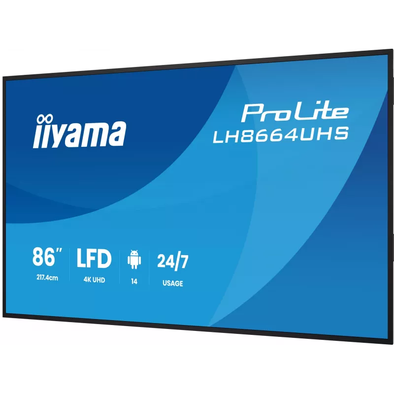 Digitaalne infotabloo lameekraan IIYAMA LH8664UHS-B3AG — 85,6 tolli (2,17 m) 3840x2160 4K IPS, 450 cd/m², Wi‑Fi, Android, 24/7, must