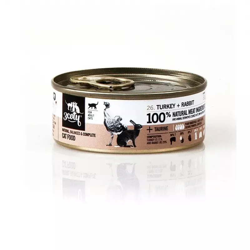 Märg kassitoit 3coty Turkey with rabbit, 80 g purk — täisväärtuslik täiskasvanud kasside toit, valk 20%, rasv 9%