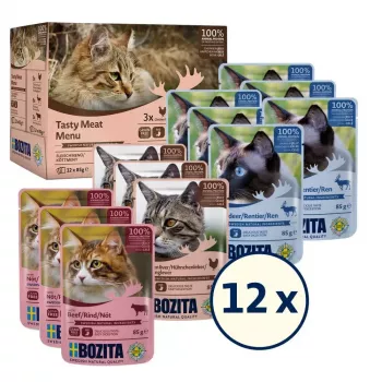 Märg kassitoit BOZITA 9116321 12×85 g — teraviljavaba täiskasvanud kasside kotikesed veiseliha, hirveliha, kanamaksaga (niiske, 82% niiskust)