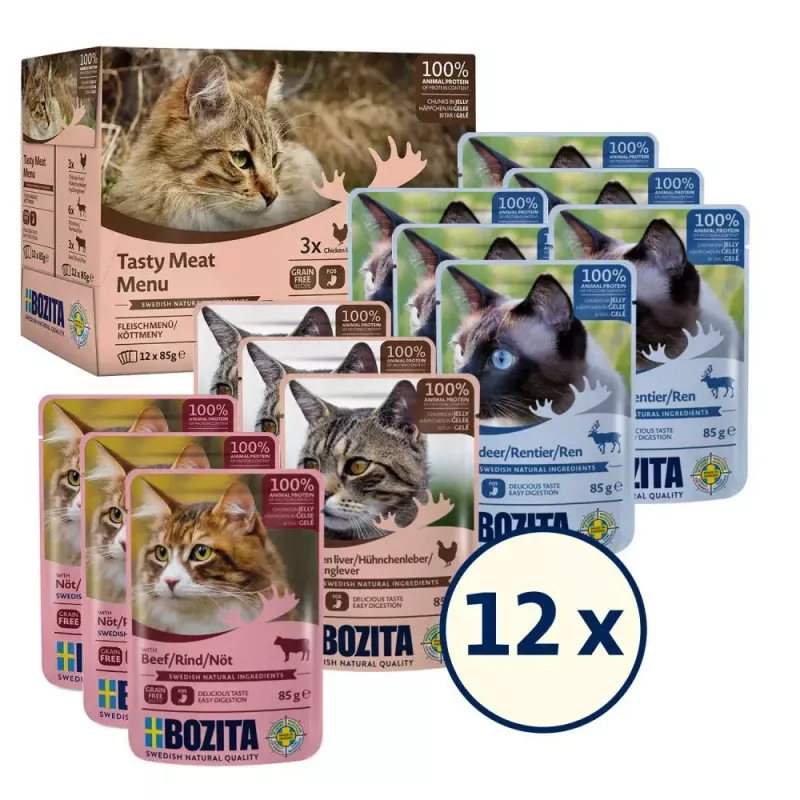 Märg kassitoit BOZITA 9116321 12×85 g — teraviljavaba täiskasvanud kasside kotikesed veiseliha, hirveliha, kanamaksaga (niiske, 82% niiskust)