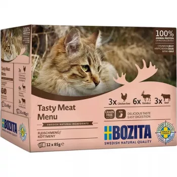 Märg kassitoit BOZITA 9116321 12×85 g — teraviljavaba täiskasvanud kasside kotikesed veiseliha, hirveliha, kanamaksaga (niiske, 82% niiskust)