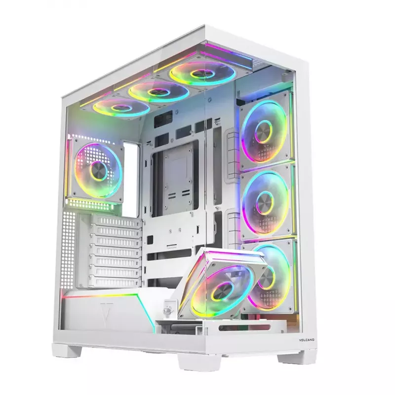 PC-korpus MODECOM VOLCANO STELLAR PLUS ARGB MIDI 8F VALGE — mid-torn, ATX, karastatud klaas, ARGB valgustus, 8 ventilaatorit, GPU kuni 42 cm