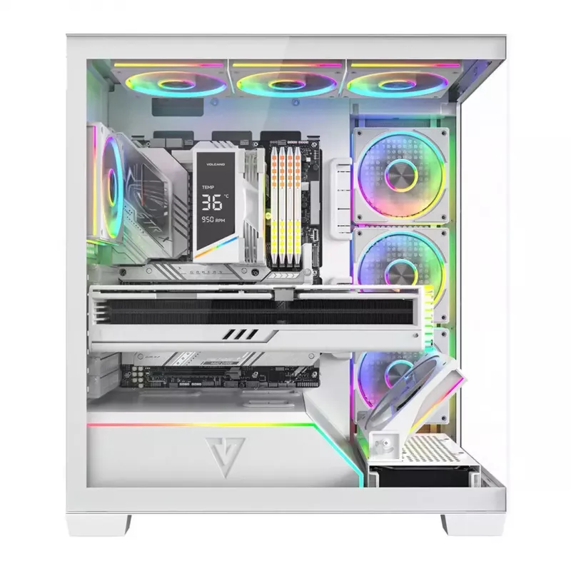 PC-korpus MODECOM VOLCANO STELLAR PLUS ARGB MIDI 8F VALGE — mid-torn, ATX, karastatud klaas, ARGB valgustus, 8 ventilaatorit, GPU kuni 42 cm