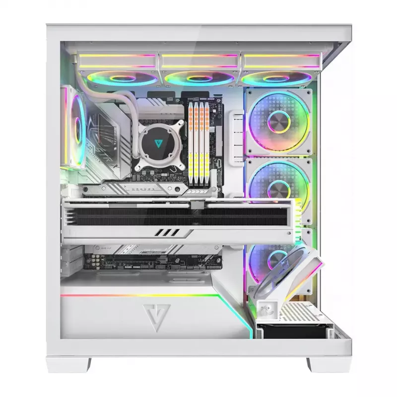 PC-korpus MODECOM VOLCANO STELLAR PLUS ARGB MIDI 8F VALGE — mid-torn, ATX, karastatud klaas, ARGB valgustus, 8 ventilaatorit, GPU kuni 42 cm