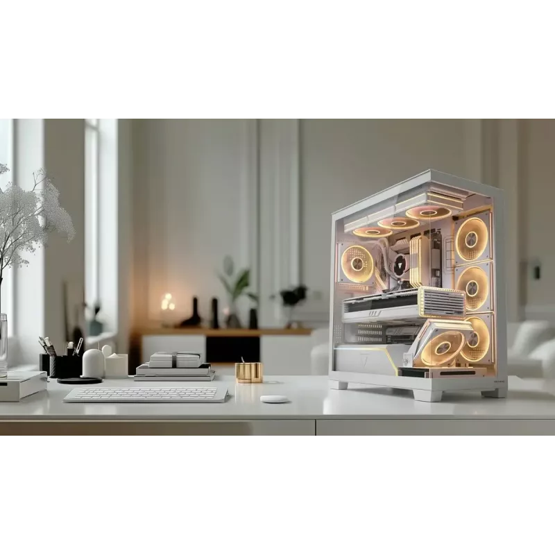 PC-korpus MODECOM VOLCANO STELLAR PLUS ARGB MIDI 8F VALGE — mid-torn, ATX, karastatud klaas, ARGB valgustus, 8 ventilaatorit, GPU kuni 42 cm