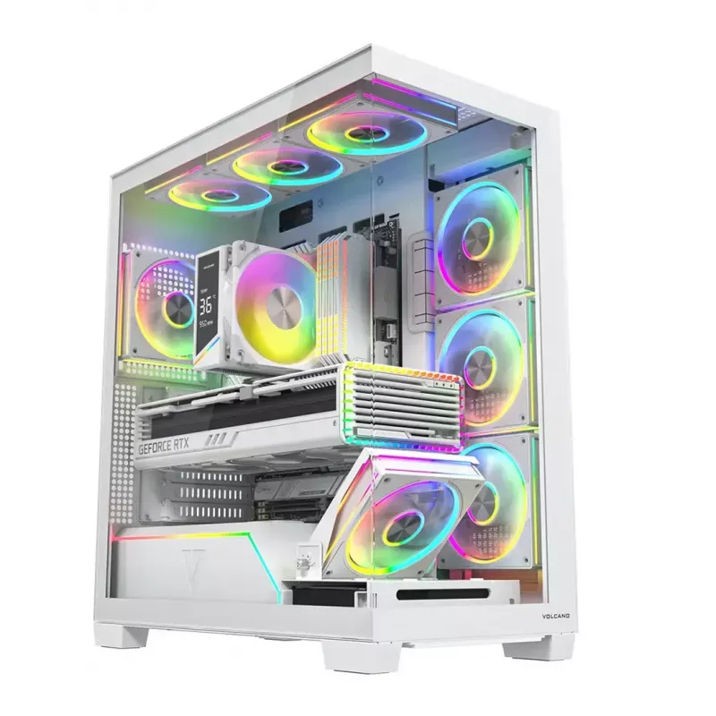 PC-korpus MODECOM VOLCANO STELLAR PLUS ARGB MIDI 8F VALGE — mid-torn, ATX, karastatud klaas, ARGB valgustus, 8 ventilaatorit, GPU kuni 42 cm