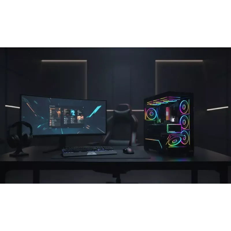 Arvuti keskmine tornkorpus MODECOM VOLCANO STELLAR PLUS ARGB MIDI, 5 esiventilaatorit, karastatud klaas, USB-C