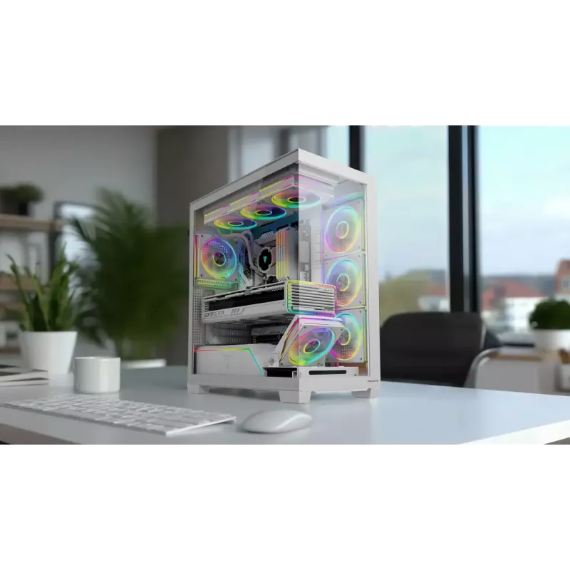 PC case MODECOM VOLCANO STELLAR PLUS MIDI Valge — Midi Tower, microATX, karastatud klaas, USB-C, toetab GPU 420 mm
