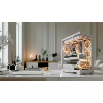 PC case MODECOM VOLCANO STELLAR PLUS MIDI Valge — Midi Tower, microATX, karastatud klaas, USB-C, toetab GPU 420 mm