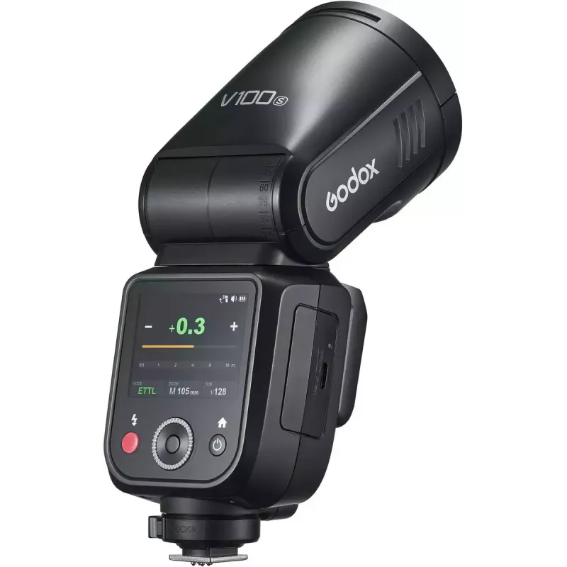 Flash Godox V100 Sony'le — kaasaskantav 100 Ws kaamera välklamp, sisseehitatud taaslaetav aku