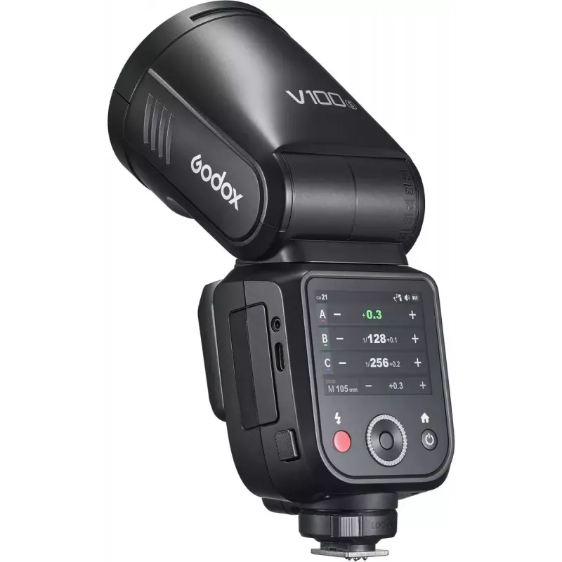 Flash Godox V100 Sony'le — kaasaskantav 100 Ws kaamera välklamp, sisseehitatud taaslaetav aku