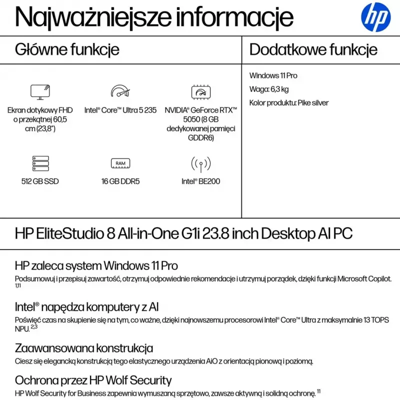 Kõik-ühes arvuti HP EliteStudio 8 AiO G1i Ultra 5 23,8 tolli FHD puutetundlik IPS 16GB DDR5 512GB SSD Win11 Pro