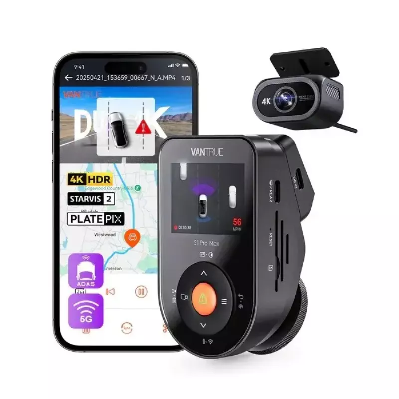 Auto dashcam VANTRUE S1PRO MAX — kompaktne 2-kanaliline salvesti, 3840×2160 F/1.8, 155° põhikaamera, Wi‑Fi, GPS, 2 tolli ekraan, parkimisrežiim, microSD kuni 1 TB