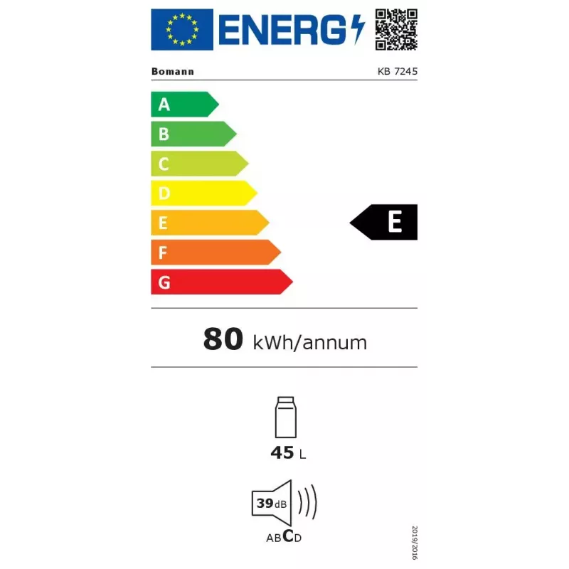 Kompaktkülmik BOMANN KB 7245, 45 L külmik, 4 L sügavkülm, E-klass, 39 dB, valge