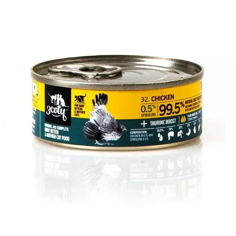 Märg kassitoit 3coty Kana spirulinaga kassipoegadele ja imetavatele kassidele 80 g, täisväärtuslik toit, 19% valku, 8% rasva