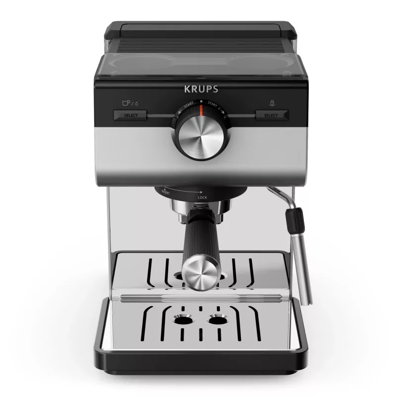 Espressomasin KRUPS XP384E10 — poolautomaatne, 2 l veepaak, 2 tassi mahutavus, must/roostevaba teras
