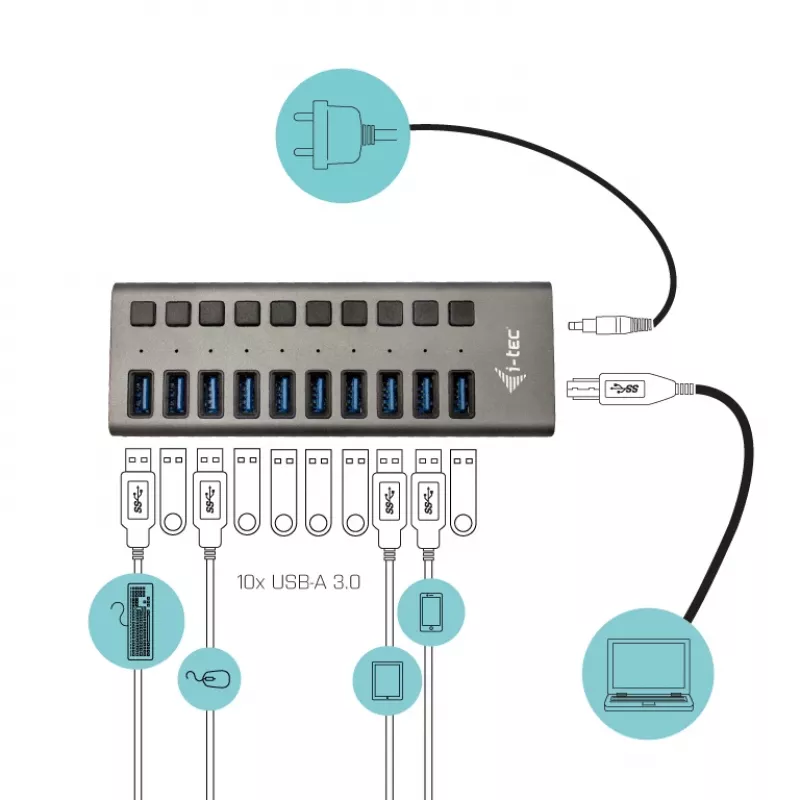 i-tec USB 3.0 laadimisjaotur 10 porti + toiteplokk 48 W