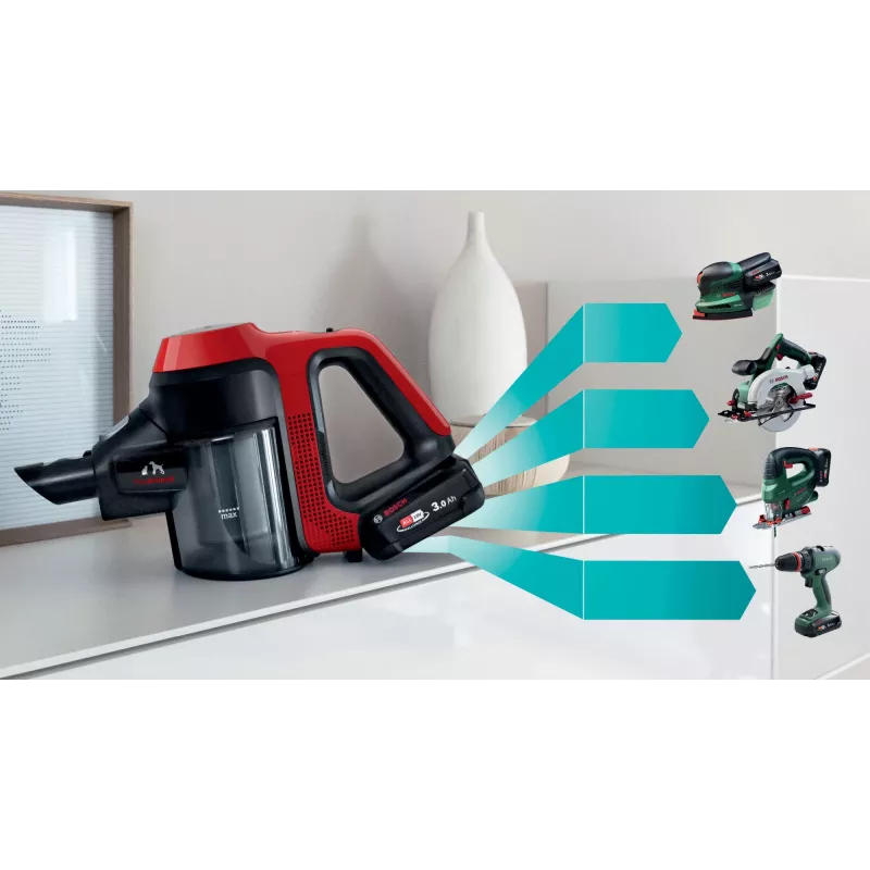 Bosch BCS711PET pulkpuhasti/elektriline luud Aku Kuiv Kotita 0,3 L Must, Punane 3 Ah