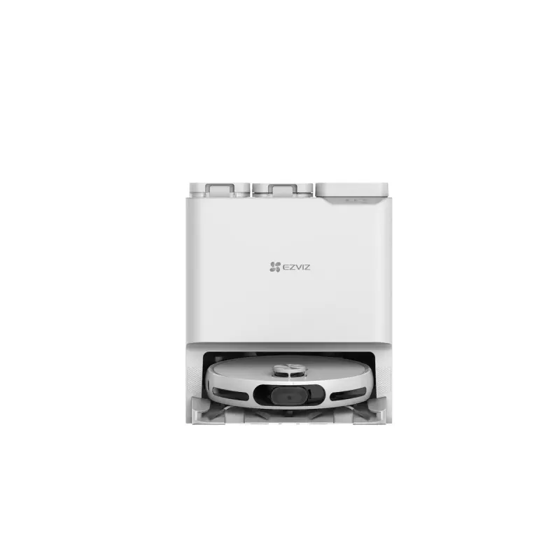 Robot tolmuimeja EZVIZ RS20 Pro — Li‑Ion 5200 mAh, 220 min tööaeg, 7200 Pa imemisvõimsus, isetühjenev alus, LiDAR-navigatsioon, 0,35 L tolmukott, märgpühkimine, valge