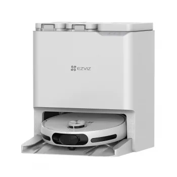 Robot tolmuimeja EZVIZ RS20 Pro — Li‑Ion 5200 mAh, 220 min tööaeg, 7200 Pa imemisvõimsus, isetühjenev alus, LiDAR-navigatsioon, 0,35 L tolmukott, märgpühkimine, valge