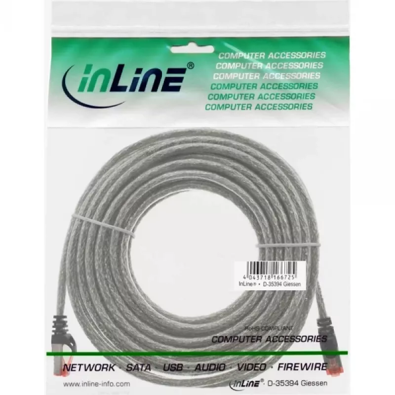 Etherneti patch-kaabel InLine Cat6 S/FTP PiMF 250MHz PVC, RJ-45–RJ-45, vask, läbipaistev, 15 m