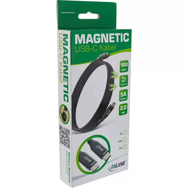 InLine Magnetiline USB-C kaabel, USB-C isane/isane, 100 W, must, 1 m