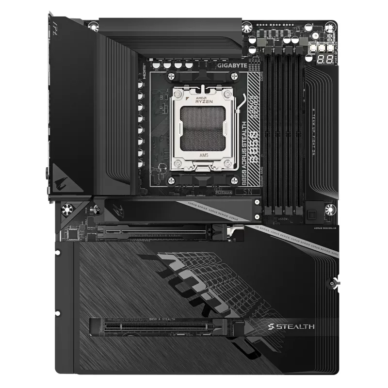 Emaplaat GIGABYTE B850 AORUS STEALTH — ATX, Socket AM5, AMD B850, DDR5 kuni 8200 MHz (OC), 14+2+2 VRM, 2xPCIe5.0, 2xPCIe4.0 M.2, Wi‑Fi 7, 5GbE