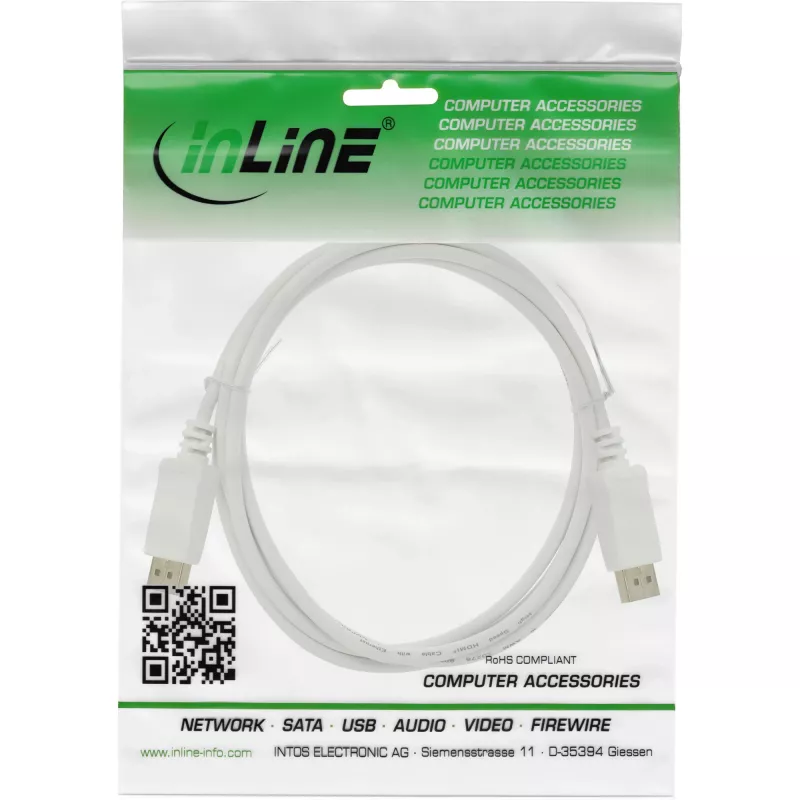 DisplayPort kaabel InLine 17255W, 0,5 m, DisplayPort–DisplayPort, valge